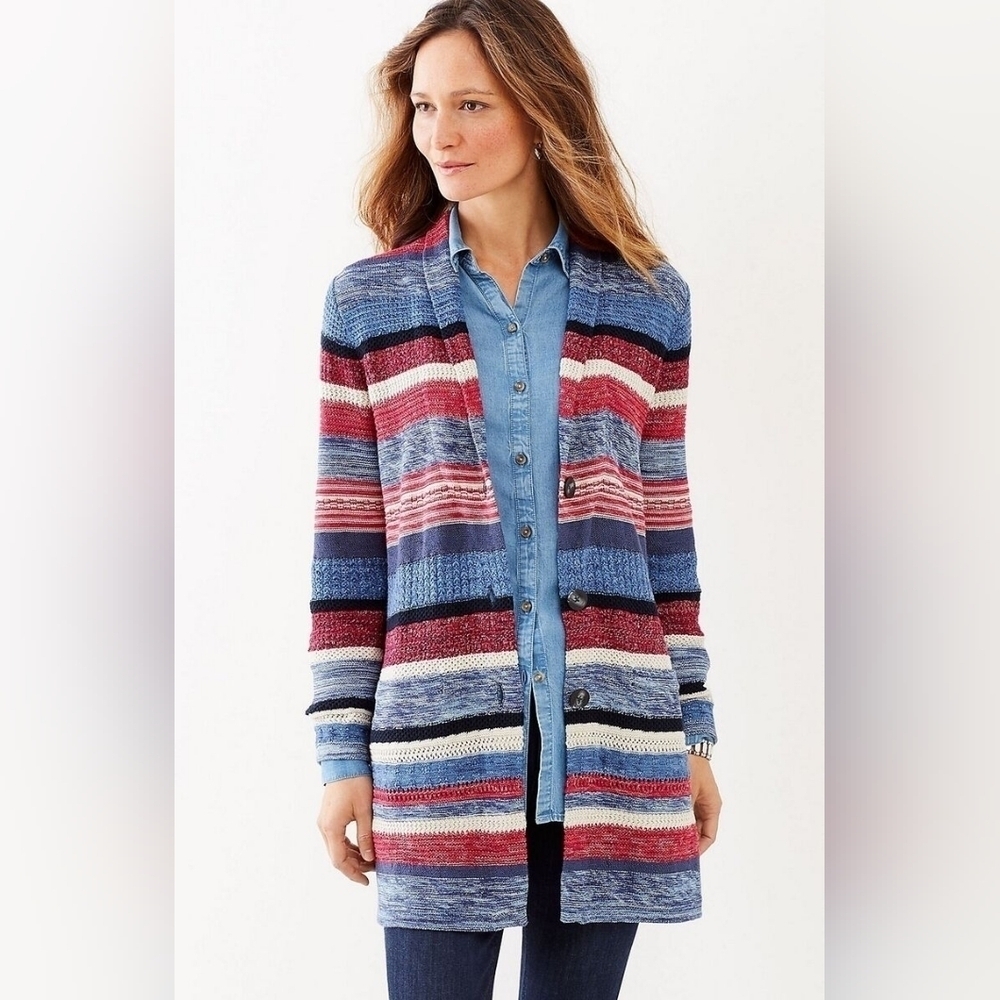 J. Jill Pink and Blue Cotton Linen Blend Longline Striped Cardigan Sweater M